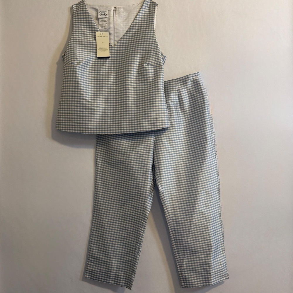Laura Ashley Silk Gingham Vneck Top  Capri Set NWT Vtg 80's  8 Sleeveless Lined